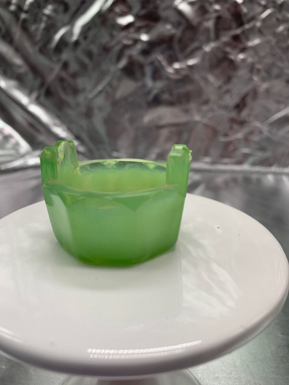 Green Depression Glass Salt Cellar Hexagonal Base